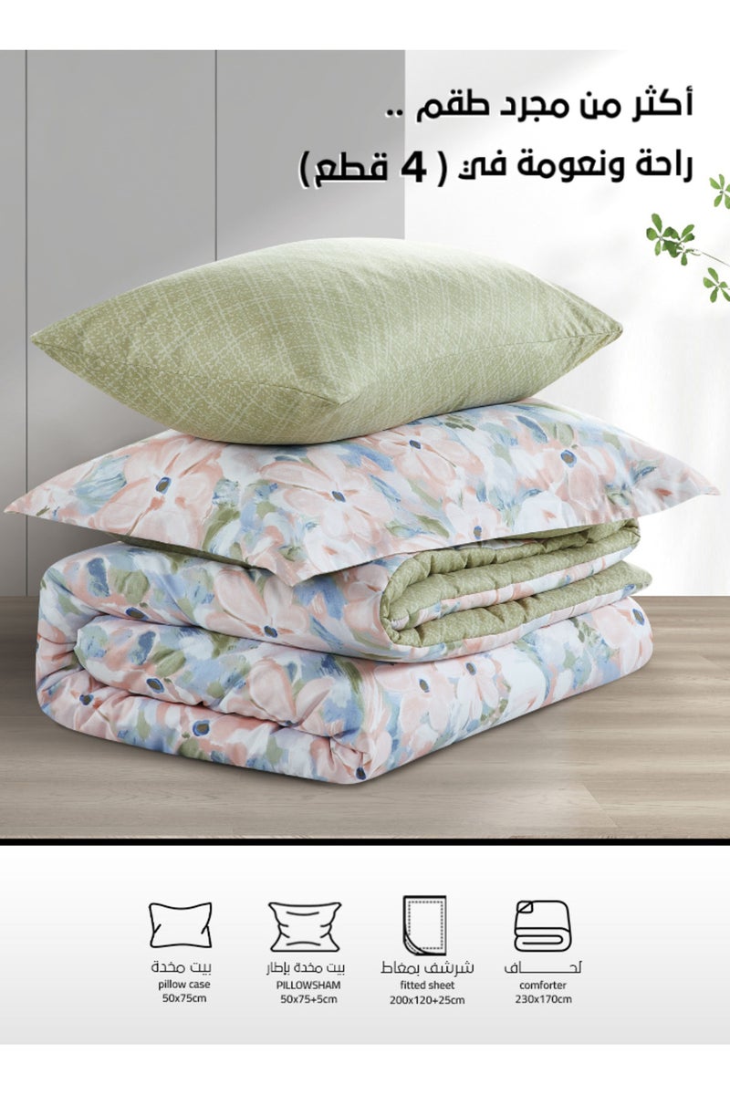 Melen Single  summer bed sheet set - 4 pieces - fits a 200x120 bed - Leighton - Pink - Green - Image 4